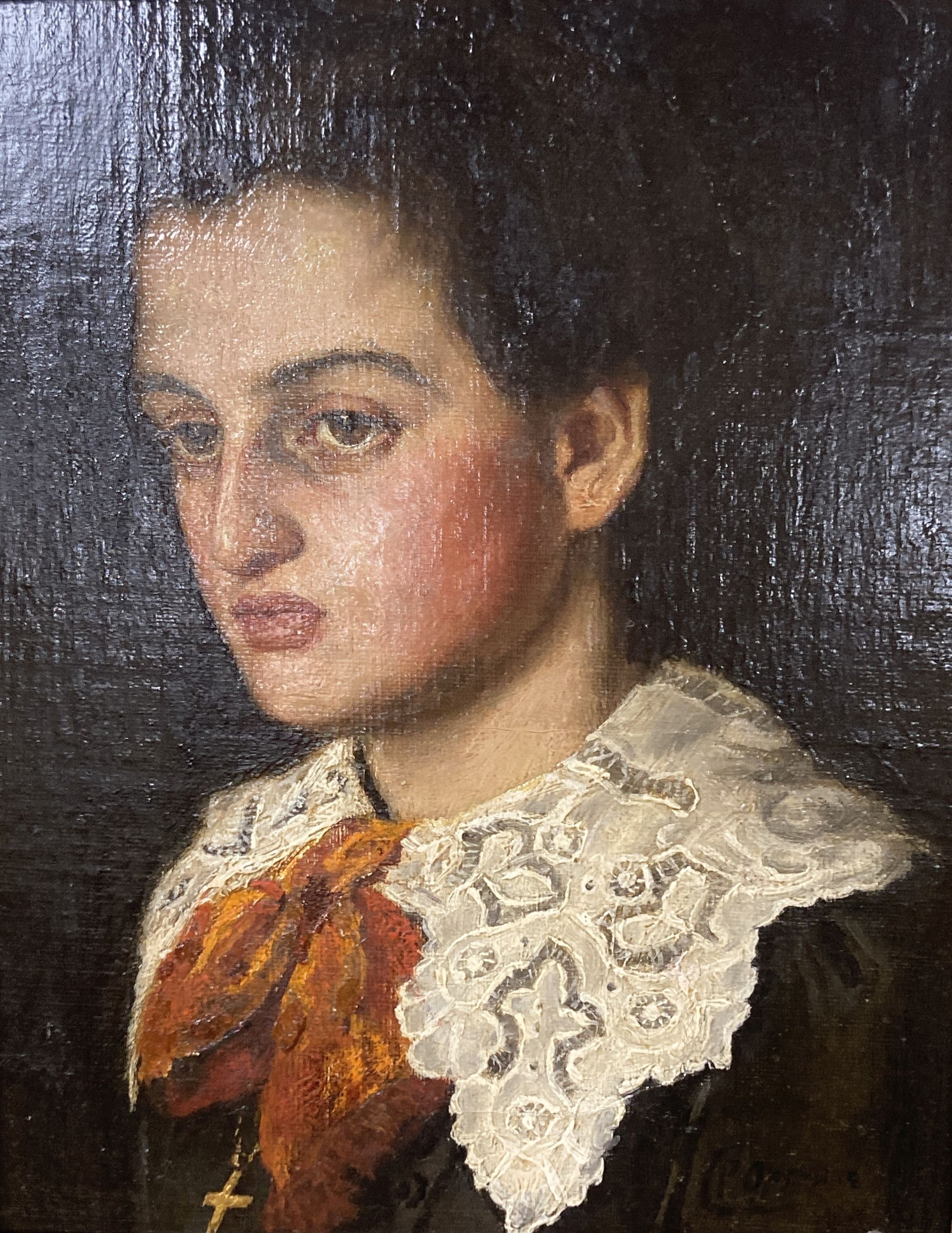 C. Stoitzner, oil on canvas laid on panel, Portrait of a young man wearing a lace collar, signed, 26 x 20cm
